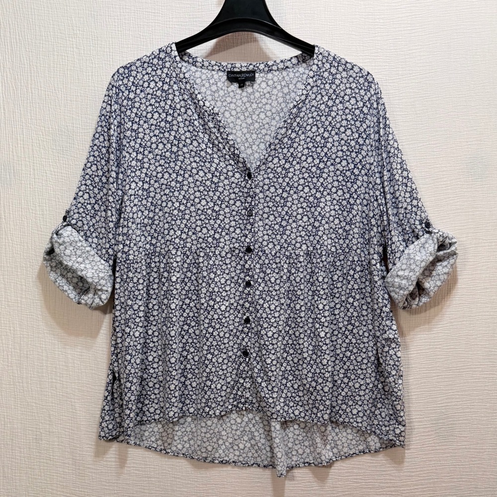 Cynthia Rowley Top Womens 2X Navy Blue Floral Daisy Button Front Peplum Babydoll